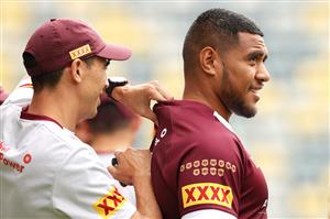 TOWNSVILLE, AUSTRALIA - JUNE 08: Moeaki Fotuaika looks on as he prepares for the session during a Queensland Maroons State of Origin training session at Queensland Country Bank Stadium on June 08, 2021 in Townsville, Australia. (Photo by Mark Kolbe/Getty Images)