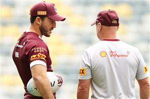 TOWNSVILLE, AUSTRALIA - JUNE 08: Ben Hunt speaks to Allan Langer during a Queensland Maroons State of Origin training session at Queensland Country Bank Stadium on June 08, 2021 in Townsville, Australia. (Photo by Mark Kolbe/Getty Images)