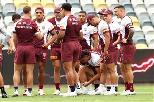 TOWNSVILLE, AUSTRALIA - JUNE 08: Daly Cherry-Evans speask to his team on the field during a Queensland Maroons State of Origin training session at Queensland Country Bank Stadium on June 08, 2021 in Townsville, Australia. (Photo by Mark Kolbe/Getty Images)