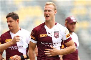 TOWNSVILLE, AUSTRALIA - JUNE 08: Daly Cherry-Evans laughs as he walks out onto the field during a Queensland Maroons State of Origin training session at Queensland Country Bank Stadium on June 08, 2021 in Townsville, Australia. (Photo by Mark Kolbe/Getty Images)