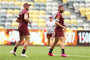 TOWNSVILLE, AUSTRALIA - JUNE 08: Kurt Capewell and Kyle Feldt run during a Queensland Maroons State of Origin training session at Queensland Country Bank Stadium on June 08, 2021 in Townsville, Australia. (Photo by Mark Kolbe/Getty Images)