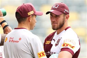 TOWNSVILLE, AUSTRALIA - JUNE 08: Kyle Feldt speaks to a member of the team staff during a Queensland Maroons State of Origin training session at Queensland Country Bank Stadium on June 08, 2021 in Townsville, Australia. (Photo by Mark Kolbe/Getty Images)
