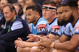 TOWNSVILLE, AUSTRALIA - JUNE 09: Apisai Koroisau of the Blues looks on from the bench during game one of the 2021 State of Origin series between the New South Wales Blues and the Queensland Maroons at Queensland Country Bank Stadium on June 09, 2021 in Townsville, Australia. (Photo by Mark Kolbe/Getty Images)