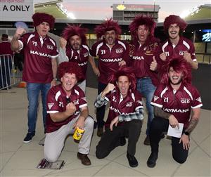 TOWNSVILLE, AUSTRALIA - JUNE 09: Maroons fans show their support before the start of game one of the 2021 State of Origin series between the New South Wales Blues and the Queensland Maroons at Queensland Country Bank Stadium on June 09, 2021 in Townsville, Australia. (Photo by Ian Hitchcock/Getty Images)
