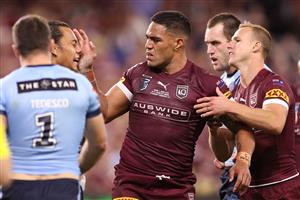 TOWNSVILLE, AUSTRALIA - JUNE 09: Joe Ofahengaue of the Maroons pushes Jerome Luai of the Blues during game one of the 2021 State of Origin series between the New South Wales Blues and the Queensland Maroons at Queensland Country Bank Stadium on June 09, 2021 in Townsville, Australia. (Photo by Mark Kolbe/Getty Images)