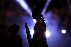 TOWNSVILLE, AUSTRALIA - JUNE 09: Indigenous dancers perform before game one of the 2021 State of Origin series between the New South Wales Blues and the Queensland Maroons at Queensland Country Bank Stadium on June 09, 2021 in Townsville, Australia. (Photo by Mark Kolbe/Getty Images)