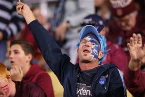TOWNSVILLE, AUSTRALIA - JUNE 09: Blues fans show their support before game one of the 2021 State of Origin series between the New South Wales Blues and the Queensland Maroons at Queensland Country Bank Stadium on June 09, 2021 in Townsville, Australia. (Photo by Mark Kolbe/Getty Images)