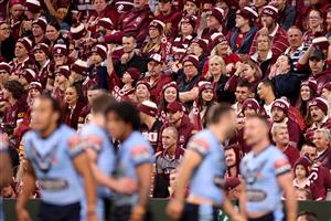 TOWNSVILLE, AUSTRALIA - JUNE 09: Maroons fans look on after a Blues try during game one of the 2021 State of Origin series between the New South Wales Blues and the Queensland Maroons at Queensland Country Bank Stadium on June 09, 2021 in Townsville, Australia. (Photo by Mark Kolbe/Getty Images)