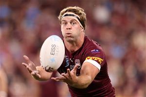 TOWNSVILLE, AUSTRALIA - JUNE 09: Christian Welch of the Maroons catches the ball during game one of the 2021 State of Origin series between the New South Wales Blues and the Queensland Maroons at Queensland Country Bank Stadium on June 09, 2021 in Townsville, Australia. (Photo by Mark Kolbe/Getty Images)