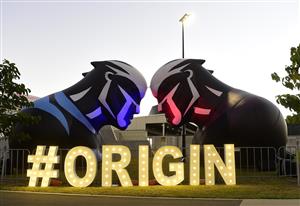 TOWNSVILLE, AUSTRALIA - JUNE 09: A general view of an Origin display is seen before the start of game one of the 2021 State of Origin series between the New South Wales Blues and the Queensland Maroons at Queensland Country Bank Stadium on June 09, 2021 in Townsville, Australia. (Photo by Ian Hitchcock/Getty Images)