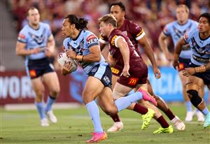 TOWNSVILLE, AUSTRALIA - JUNE 09: Jerome Luai of the Blues runs the ball during game one of the 2021 State of Origin series between the New South Wales Blues and the Queensland Maroons at Queensland Country Bank Stadium on June 09, 2021 in Townsville, Australia. (Photo by Mark Kolbe/Getty Images)