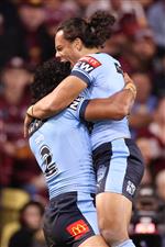 TOWNSVILLE, AUSTRALIA - JUNE 09: Brian To'o of the Blues celebrates with Jerome Luai of the Blues after scoring a try during game one of the 2021 State of Origin series between the New South Wales Blues and the Queensland Maroons at Queensland Country Bank Stadium on June 09, 2021 in Townsville, Australia. (Photo by Mark Kolbe/Getty Images)