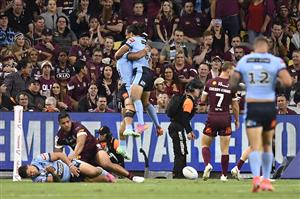 TOWNSVILLE, AUSTRALIA - JUNE 09: Brian To'o of the Blues celebrates with Jerome Luai of the Blues after scoring a try during game one of the 2021 State of Origin series between the New South Wales Blues and the Queensland Maroons at Queensland Country Bank Stadium on June 09, 2021 in Townsville, Australia. (Photo by Ian Hitchcock/Getty Images)