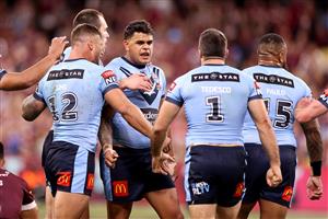 TOWNSVILLE, AUSTRALIA - JUNE 09: Latrell Mitchell of the Blues reacts during game one of the 2021 State of Origin series between the New South Wales Blues and the Queensland Maroons at Queensland Country Bank Stadium on June 09, 2021 in Townsville, Australia. (Photo by Mark Kolbe/Getty Images)