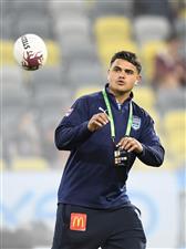 TOWNSVILLE, AUSTRALIA - JUNE 09: Latrell Mitchell of the Blues warms up before the start of game one of the 2021 State of Origin series between the New South Wales Blues and the Queensland Maroons at Queensland Country Bank Stadium on June 09, 2021 in Townsville, Australia. (Photo by Ian Hitchcock/Getty Images)