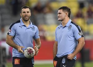 TOWNSVILLE, AUSTRALIA - JUNE 09: James Tedesco and Nathan Cleary of the Blues look on before the start of game one of the 2021 State of Origin series between the New South Wales Blues and the Queensland Maroons at Queensland Country Bank Stadium on June 09, 2021 in Townsville, Australia. (Photo by Ian Hitchcock/Getty Images)