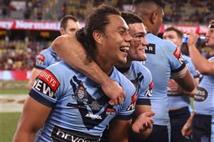 TOWNSVILLE, AUSTRALIA - JUNE 09: Jerome Luai of the Blues and Nathan Cleary of the Blues celebrate after winning game one of the 2021 State of Origin series between the New South Wales Blues and the Queensland Maroons at Queensland Country Bank Stadium on June 09, 2021 in Townsville, Australia. (Photo by Mark Kolbe/Getty Images)
