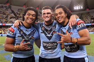 TOWNSVILLE, AUSTRALIA - JUNE 09: (L-R) Brian To'o of the Blues, Jerome Luai of the Blues and Nathan Cleary of the Blues pose after winning game one of the 2021 State of Origin series between the New South Wales Blues and the Queensland Maroons at Queensland Country Bank Stadium on June 09, 2021 in Townsville, Australia. (Photo by Mark Kolbe/Getty Images)