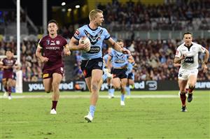 TOWNSVILLE, AUSTRALIA - JUNE 09: Tom Trbojevic of the Blues scores a try during game one of the 2021 State of Origin series between the New South Wales Blues and the Queensland Maroons at Queensland Country Bank Stadium on June 09, 2021 in Townsville, Australia. (Photo by Ian Hitchcock/Getty Images)