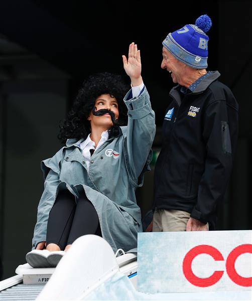 MELBOURNE, AUSTRALIA - JUNE 14: Abbey Holmes, current TV personality and former Adelaide Crows AFLW player, and Neale Daniher are seen during Big Freeze 7 at the Melbourne Cricket Ground on June 14, 2021 in Melbourne, Australia. (Photo by Michael Willson/AFL Photos via Getty Images)