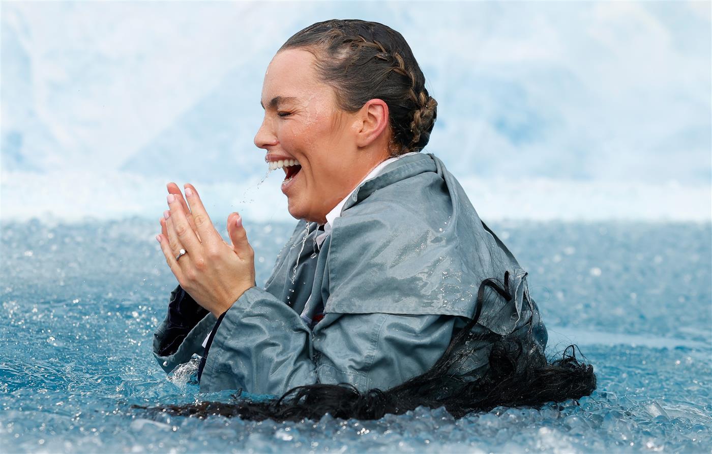 MELBOURNE, AUSTRALIA - JUNE 14: Abbey Holmes, current TV personality and former Adelaide Crows AFLW player, is seen during Big Freeze 7 at the Melbourne Cricket Ground on June 14, 2021 in Melbourne, Australia. (Photo by Michael Willson/AFL Photos via Getty Images)
