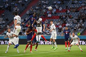 MUNICH, GERMANY - JUNE 15: Paul Pogba of France battles for a header with Antonio Ruediger of Germany during the UEFA Euro 2020 Championship Group F match between France and Germany at Football Arena Munich on June 15, 2021 in Munich, Germany. (Getty Images)