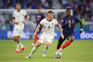 MUNICH, GERMANY - JUNE 15: Toni Kroos of Germany turns with the ball whilst under pressure from Paul Pogba of France during the UEFA Euro 2020 Championship Group F match between France and Germany at Football Arena Munich on June 15, 2021 in Munich, Germany. (Getty Images)
