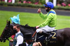 ASCOT, ENGLAND - JUNE 17: Joe Fanning celebrates on board Subjectivist with the groom after winning the Gold Cup on Day Three of the Royal Ascot Meeting at Ascot Racecourse on June 17, 2021 in Ascot, England. A total of twelve thousand racegoers made up of Owners and the Public are permitted to attend the meeting due to it being an Events Research Programme (ERP) set up by the government due to the Coronavirus Pandemic. (Photo by Harry Trump/Getty Images)