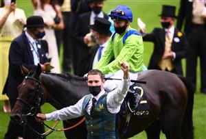 ASCOT, ENGLAND - JUNE 17: Joe Fanning celebrates on board Subjectivist with the groom after winning the Gold Cup on Day Three of the Royal Ascot Meeting at Ascot Racecourse on June 17, 2021 in Ascot, England. A total of twelve thousand racegoers made up of Owners and the Public are permitted to attend the meeting due to it being an Events Research Programme (ERP) set up by the government due to the Coronavirus Pandemic. (Photo by Harry Trump/Getty Images)