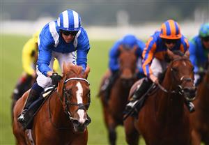 ASCOT, ENGLAND - JUNE 17: Jim Crowley on board Mohaafeth on their way to winning the Hampton Court Stakes on Day Three of the Royal Ascot Meeting at Ascot Racecourse on June 17, 2021 in Ascot, England. A total of twelve thousand racegoers made up of Owners and the Public are permitted to attend the meeting due to it being an Events Research Programme (ERP) set up by the government due to the Coronavirus Pandemic. (Photo by Harry Trump/Getty Images)