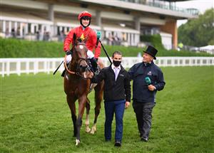 ASCOT, ENGLAND - JUNE 17: Jason Hart on board Highfield Princess look on after winning the Buckingham Palace Stakes on Day Three of the Royal Ascot Meeting at Ascot Racecourse on June 17, 2021 in Ascot, England. A total of twelve thousand racegoers made up of Owners and the Public are permitted to attend the meeting due to it being an Events Research Programme (ERP) set up by the government due to the Coronavirus Pandemic. (Photo by Harry Trump/Getty Images)