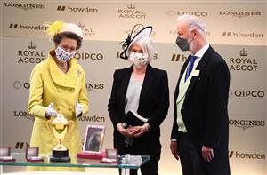 ASCOT, ENGLAND - JUNE 17: Owner Dr Jim Walker (R) interacts with Princess Anne, Princess Royal as Subjectivist wins the Gold Cup on Day Three of the Royal Ascot Meeting at Ascot Racecourse on June 17, 2021 in Ascot, England. A total of twelve thousand racegoers made up of Owners and the Public are permitted to attend the meeting due to it being an Events Research Programme (ERP) set up by the government due to the Coronavirus Pandemic. (Photo by Harry Trump/Getty Images)