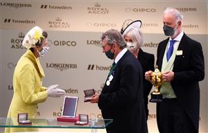 ASCOT, ENGLAND - JUNE 17: Trainer Mark Johnston (C) interacts with Princess Anne, Princess Royal as Subjectivist wins the Gold Cup on Day Three of the Royal Ascot Meeting at Ascot Racecourse on June 17, 2021 in Ascot, England. A total of twelve thousand racegoers made up of Owners and the Public are permitted to attend the meeting due to it being an Events Research Programme (ERP) set up by the government due to the Coronavirus Pandemic. (Photo by Harry Trump/Getty Images)