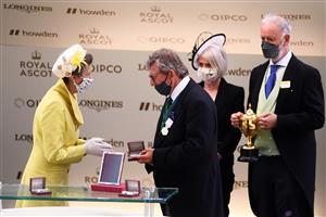 ASCOT, ENGLAND - JUNE 17: Trainer Mark Johnston (C) interacts with Princess Anne, Princess Royal as Subjectivist wins the Gold Cup on Day Three of the Royal Ascot Meeting at Ascot Racecourse on June 17, 2021 in Ascot, England. A total of twelve thousand racegoers made up of Owners and the Public are permitted to attend the meeting due to it being an Events Research Programme (ERP) set up by the government due to the Coronavirus Pandemic. (Photo by Harry Trump/Getty Images)