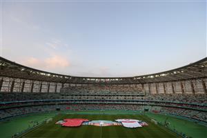 BAKU, AZERBAIJAN - JUNE 20: A general view inside the stadium as large replica shirts of Switzerland and Turkey are displayed on the pitch prior to the UEFA Euro 2020 Championship Group A match between Switzerland and Turkey at Baku Olimpiya Stadionu on June 20, 2021 in Baku, Azerbaijan. (Getty Images)