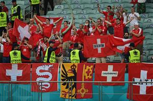 Switzerland's fans celebrate after the UEFA EURO 2020 Group A football match between Switzerland and Turkey at the Olympic Stadium in Baku on June 20, 2021. (Getty Images)