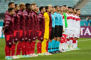 Players line up for the national anthems prior to the UEFA EURO 2020 Group A football match between Switzerland and Turkey at the Olympic Stadium in Baku on June 20, 2021. (Getty Images)