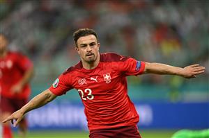 TOPSHOT - Switzerland's midfielder Xherdan Shaqiri celebrates scoring his team's third goal during the UEFA EURO 2020 Group A football match between Switzerland and Turkey at the Olympic Stadium in Baku on June 20, 2021. (Getty Images)
