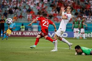 Switzerland's midfielder Xherdan Shaqiri (L) celebrates scoring his team's third goal during the UEFA EURO 2020 Group A football match between Switzerland and Turkey at the Olympic Stadium in Baku on June 20, 2021. (Getty Images)
