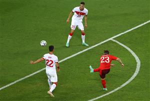 BAKU, AZERBAIJAN - JUNE 20: Xherdan Shaqiri of Switzerland scores their side's second goal during the UEFA Euro 2020 Championship Group A match between Switzerland and Turkey at Baku Olimpiya Stadionu on June 20, 2021 in Baku, Azerbaijan. (Getty Images)