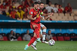 Belgium's midfielder Eden Hazard vies with Portugal's midfielder Joao Moutinho (R) during the UEFA EURO 2020 round of 16 football match between Belgium and Portugal at La Cartuja Stadium in Seville on June 27, 2021. (Getty Images)