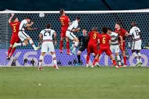 Portugal's forward Andre Silva (2L) attempts to score during the UEFA EURO 2020 round of 16 football match between Belgium and Portugal at La Cartuja Stadium in Seville on June 27, 2021. (Getty Images)