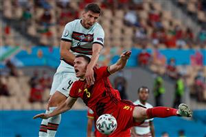 Portugal's defender Ruben Dias (L) vies with Belgium's defender Thomas Vermaelen during the UEFA EURO 2020 round of 16 football match between Belgium and Portugal at La Cartuja Stadium in Seville on June 27, 2021. (Getty Images)