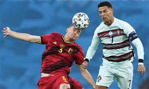 TOPSHOT - Portugal's forward Cristiano Ronaldo (R) vies for the header with Belgium's defender Thomas Vermaelen during the UEFA EURO 2020 round of 16 football match between Belgium and Portugal at La Cartuja Stadium in Seville on June 27, 2021. (Getty Images)