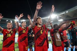 SEVILLE, SPAIN - JUNE 27: Thorgan Hazard, Thomas Meunier and Axel Witsel of Belgium celebrate their side's victory towards the fans after the UEFA Euro 2020 Championship Round of 16 match between Belgium and Portugal at Estadio La Cartuja on June 27, 2021 in Seville, Spain. (Getty Images)