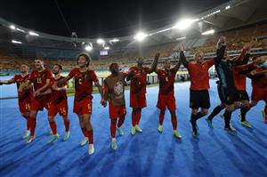 SEVILLE, SPAIN - JUNE 27: Players of Belgium celebrates their side's victory towards the fans after the UEFA Euro 2020 Championship Round of 16 match between Belgium and Portugal at Estadio La Cartuja on June 27, 2021 in Seville, Spain. (Getty Images)