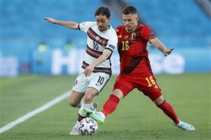 SEVILLE, SPAIN - JUNE 27: Bernardo Silva of Portugal battles for possession with Thorgan Hazard of Belgium during the UEFA Euro 2020 Championship Round of 16 match between Belgium and Portugal at Estadio La Cartuja on June 27, 2021 in Seville, Spain. (Getty Images)