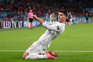 LONDON, ENGLAND - JULY 06: Alvaro Morata of Spain celebrates after scoring their side's first goal during the UEFA Euro 2020 Championship Semi-final match between Italy and Spain at Wembley Stadium on July 06, 2021 in London, England. (Getty Images)