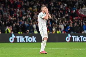 LONDON, ENGLAND - JULY 06: Dani Olmo of Spain reacts after missing their side's first penalty in the penalty shoot out during the UEFA Euro 2020 Championship Semi-final match between Italy and Spain at Wembley Stadium on July 06, 2021 in London, England. (Getty Images)