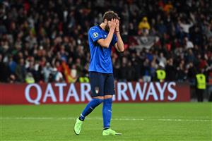 LONDON, ENGLAND - JULY 06: Manuel Locatelli of Italy reacts after having his penalty saved in the penalty shoot out during the UEFA Euro 2020 Championship Semi-final match between Italy and Spain at Wembley Stadium on July 06, 2021 in London, England. (Getty Images)